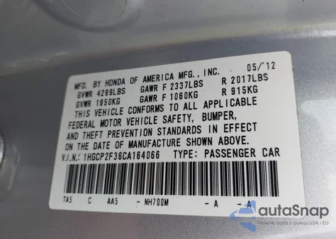 2012 Honda Accord 2.4 Lx from USA, damaged, VIN 1HGCP2F36CA164066